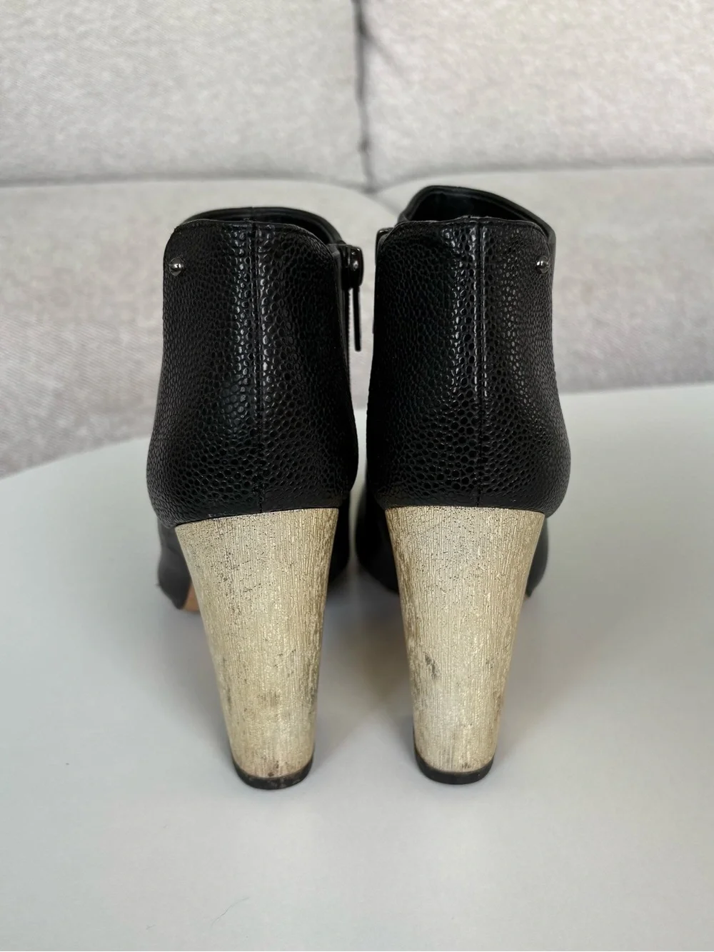 Circus Sam Edelman Black Leather Ankle Boots with Gold Block Heel